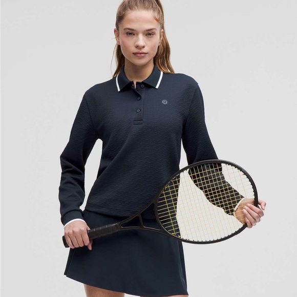 NWT Lululemon Textured Long-Sleeve Tennis Polo Shirt True Navy / White - Picture 2 of 9